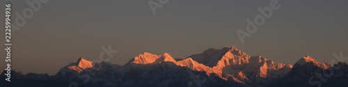 Sun lit Kanchenjunga Range, sunrise view from Darjeeling, India.
