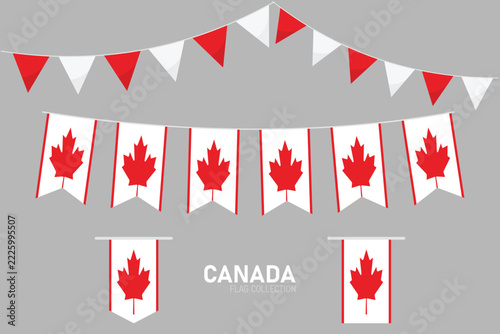 Canada national flag vector set, triangular and rectangular bunting flags on gray background
