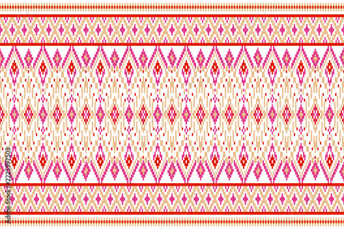 seamless knitted pattern
A seamless, traditional tribal-inspired textile pattern featuring intricate diamond and pixelated geometric motifs in shades of pale yellow and gold accented with red and pink