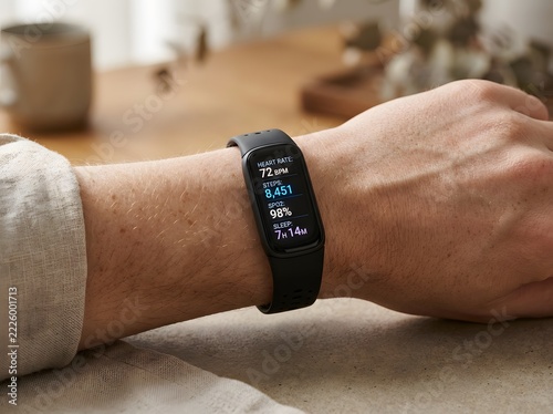 Wearable technology and healthy lifestyle concept featuring smart watch showing 21489 steps.