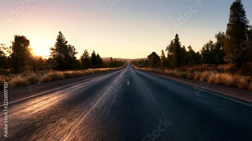 A long straight road stretches into the distance under a soft sunrise sky  flanked by trees and dry grass