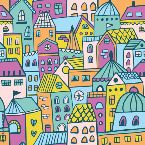 Seamless hand drawn town pattern in bright colors