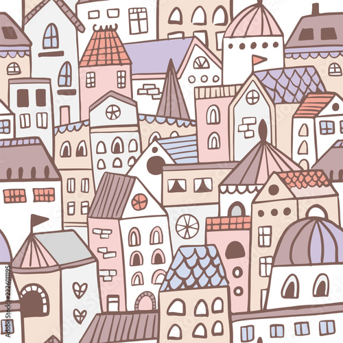 Seamless hand drawn town pattern