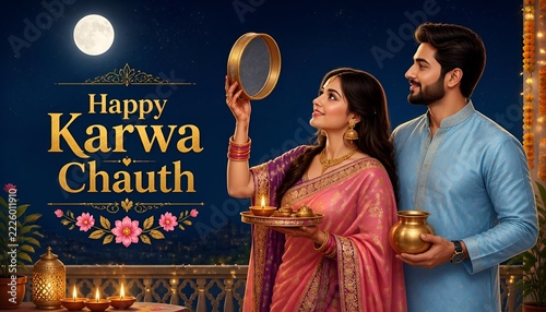 Happy Karwa Chauth greeting card banner with Indian couple performing fasting rituals at night