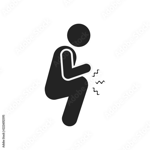 Silhouette isolated illustration of a stick figure depicting pain in the knee while squatting for educational icons about treatment, healing of knee and joint pain in clinics and hospital.