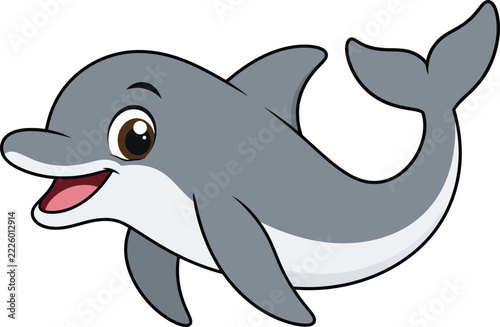 Cute Gray Dolphin Clipart, Smiling Cartoon Dolphin Flat Vector Illustration