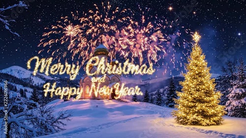 romantic illuminated christmas chapel with xmas tree in front of blue sky and multi colored fireworks