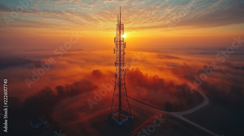 Cellular Network Tower Standing Tall Amidst Golden Foggy Sunrise Landscape Aerial View