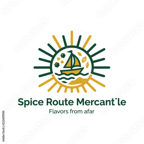 Spice route merchant logo design with sailboat and sun icon