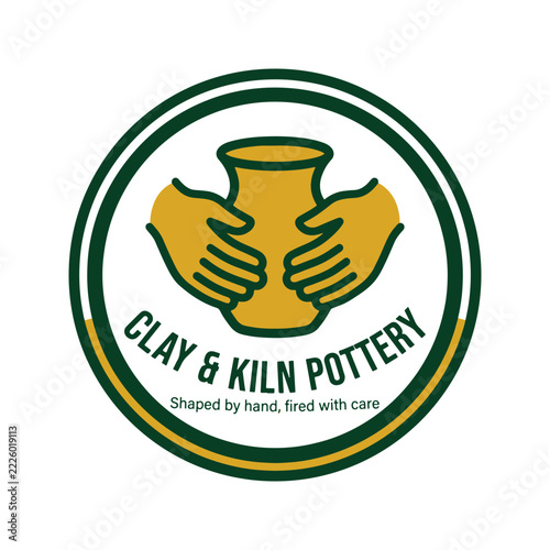 pottery studio logo badge with hands holding a clay vase illustration