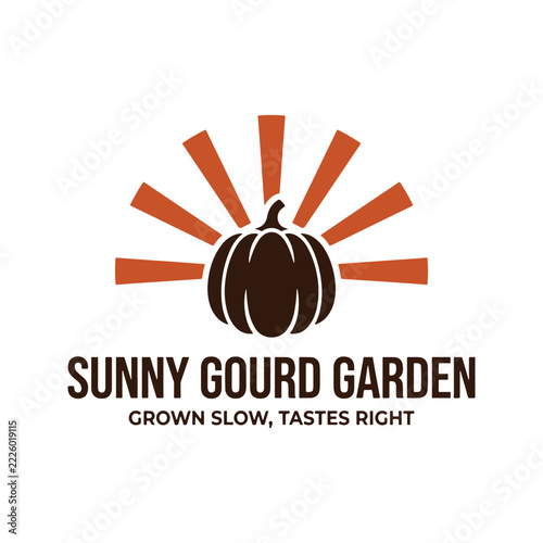 sunny gourd garden logo with pumpkin and sun burst rays graphic