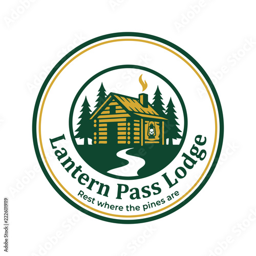 Log cabin round logo design with lantern and pine trees illustration