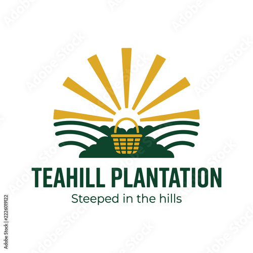 tea plantation logo design with basket and sun rays on white background