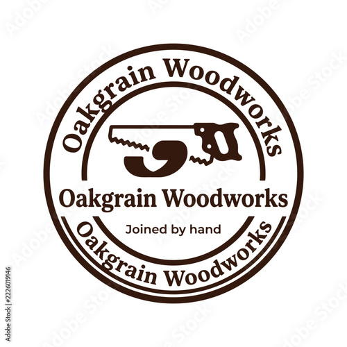 Woodworking logo badge with hand saw and circular frame design