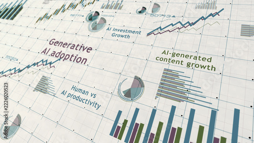AI growth charts and graphs diagram on paper 3d illustration