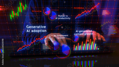 AI growth charts graphs display with man typing keyboard