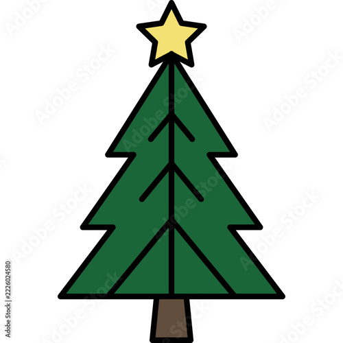 Clean flat vector illustration of a stylized evergreen Christmas tree topped with a glowing yellow star, featuring bold outlines and symmetric composition against a solid black backdrop.