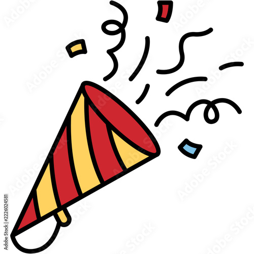 Vibrant cartoon illustration of a red and yellow striped party popper bursting with colorful confetti and festive streamers, isolated with bold outlines and a playful celebratory mood.