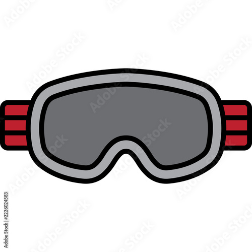 A flat vector illustration of winter ski goggles featuring bold black outlines, grey lenses, and red straps, centered symmetrically against a solid black background.