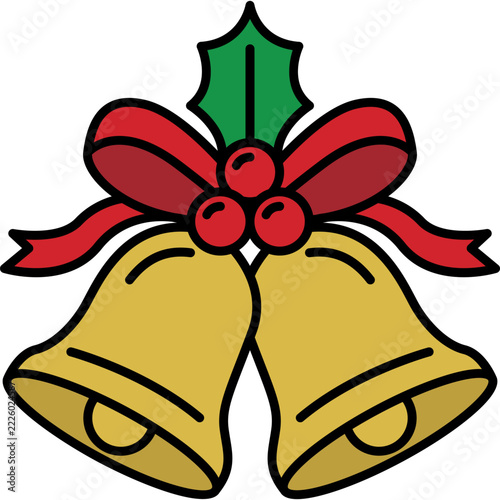 A festive vector illustration of dual golden jingle bells adorned with a red ribbon bow, green holly leaves, and red berries against a black background.