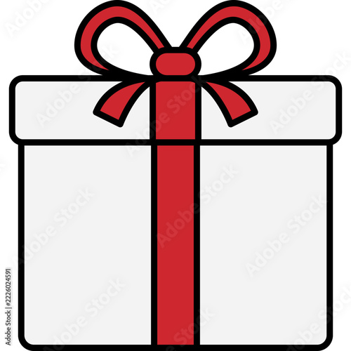 A flat minimalist illustration of a white gift box tied with a bold red ribbon and bow, presented centrally on a solid black background.