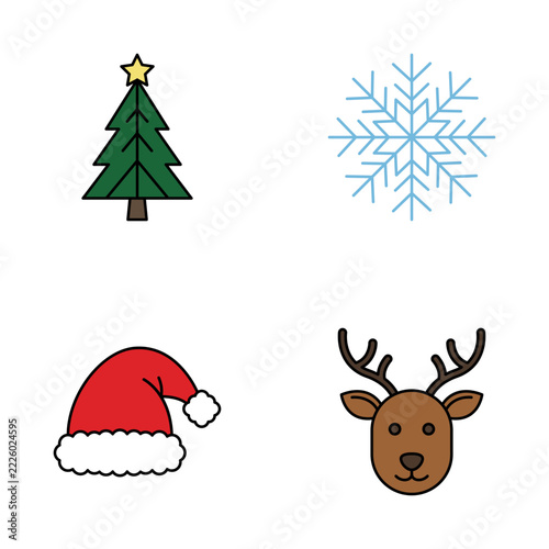 A minimalist set of four colorful Christmas icons including a pine tree, snowflake, Santa hat, and reindeer arranged neatly against a solid black background.