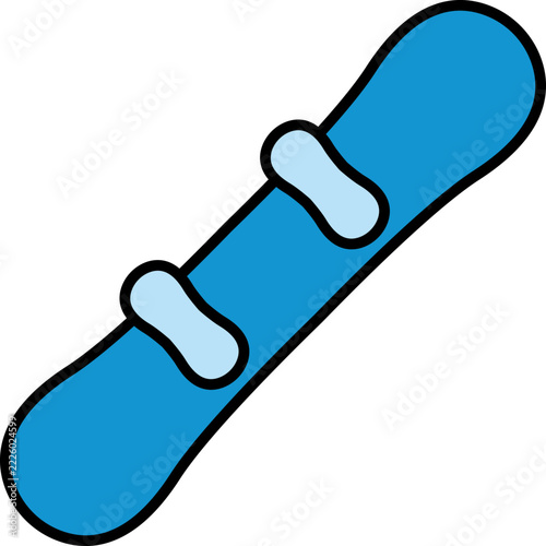 A flat vector illustration of a bright blue snowboard with pale blue bindings, featuring bold black outlines in a modern minimalist graphic design style on a black background.