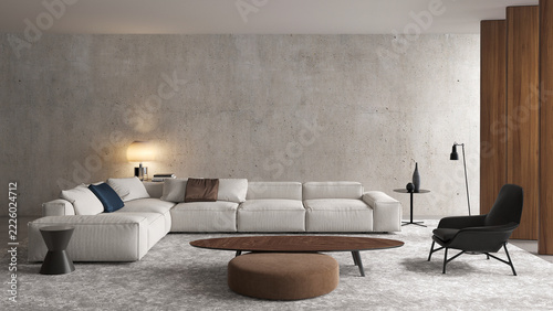 Digitally Generated Domestic Minimal Living Room and White Sofa Furniture Interior