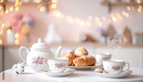 Elegant Tea Time - Teapot, Cups, Pastries, and Sparkling Lights.