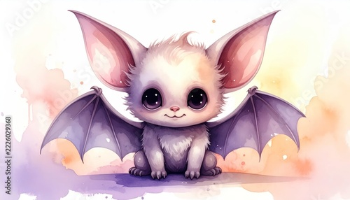 Adorable Baby Bat Watercolor Illustration with Big Eyes and Ears.