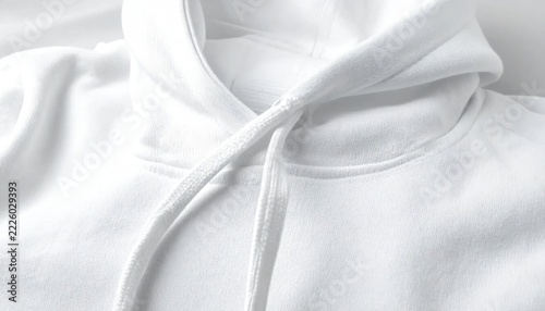 Close-up of a white hoodie with drawstrings, showcasing the fabric texture and design details.