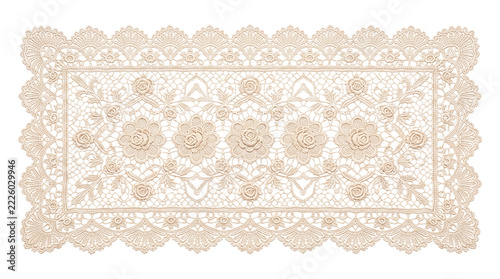 Rectangular vintage crochet lace table runner isolated, delicate ivory handmade floral textile design element on transparent background
