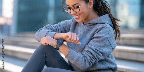 Young woman smiles while checking her smartwatch