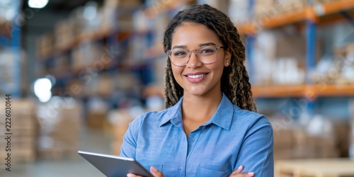 Young woman smiles, holding tablet in warehouse