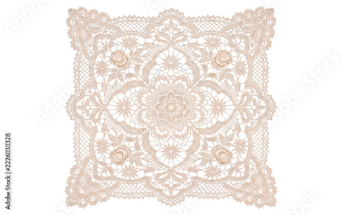 Square vintage crochet lace doily isolated, delicate ivory handmade floral textile design element on transparent background