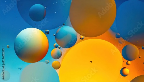 Vibrant abstract blue and orange oil bubbles in water