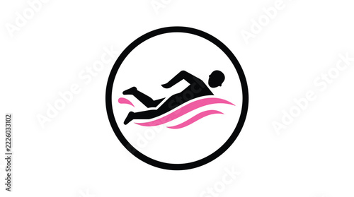 Swimming vector logo design featuring black silhouette swimmer racing inside circular frame with pink waves