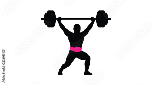 Strong athletic weightlifter silhouette lifting heavy barbell weights with bright pink belt during workout session