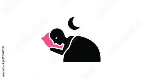 Sleeping person silhouette icon with pink pillow and crescent moon for nighttime rest vector graphic