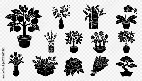 Black botanical silhouettes of potted plants, flower arrangements, and bonsai trees
