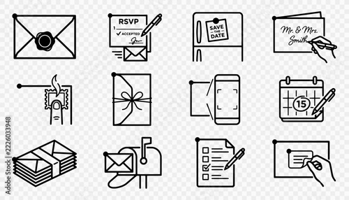 Hand-drawn wedding stationery and invitation planning icons in a black outline illustration set