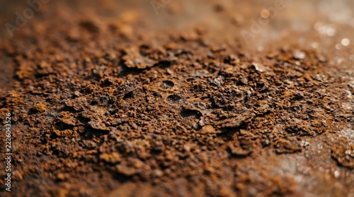 A detailed close-up view highlighting a rough rust texture metal surface with flaky brown oxidation layers, pitting, and weathered decay across the distressed industrial material