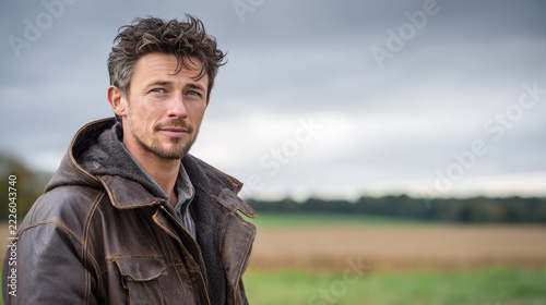 Male falconer in a leather jacket, focused look, rural backdrop. Entertainment for the rich, hobbies in the UAE or the USA, ancient art, UNESCO heritage