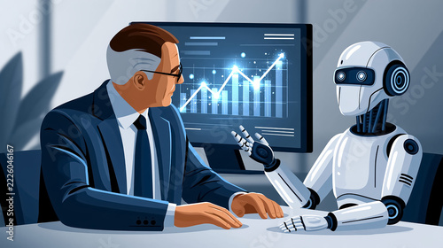 elderly businessman and a humanoid robot co-working analyze financial charts on a futuristic screen—a concept for AI collaboration in business.
