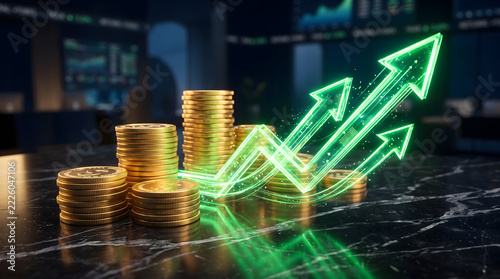 Neon green glowing financial charts and polished gold coins rest on a dark marble surface, symbolizing wealth growth and stock market success.