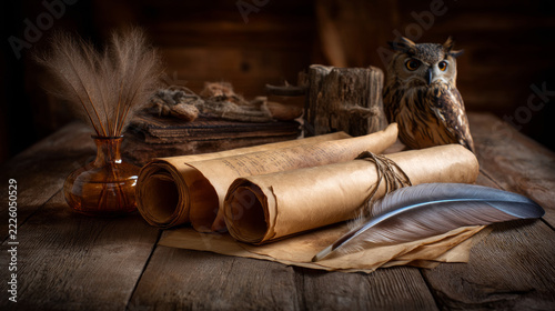 Ancient scrolls and falconry gear on a wooden table. Entertainment for the rich, hobbies in the UAE or the USA, ancient art, UNESCO heritage
