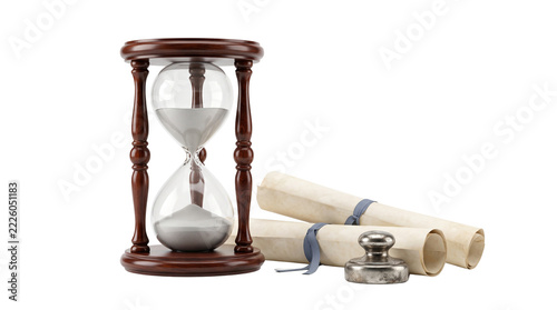 Vintage wooden hourglass with running sand isolated on white background, antique parchment scrolls and wax seal stamp, time management concept