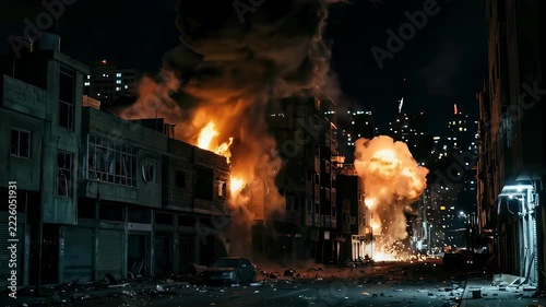 Massive explosion in city street at night. War zone devastation with fire and smoke engulfing buildings. Destruction caused by missile strike in urban area scene.