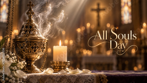 Church incense burner releasing smoke beside candle on All Souls Day altar. Catholic remembrance and prayer for the departed. Christian worship, memorial observance and religious ceremony.