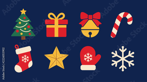 Christmas icon set with christmas tree gift box jingle bell candy cane stocking star mitten and snowflake